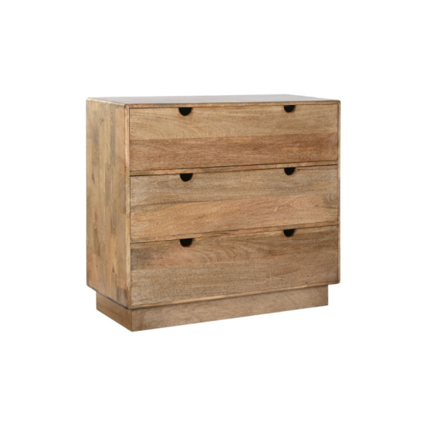 Cómoda de madera de mango natural con tres cajones y tiradores integrados, diseño minimalista y funcional.