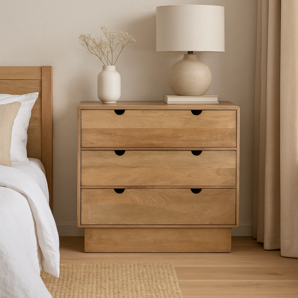 Cómoda de madera de mango natural con tres cajones y tiradores integrados, diseño minimalista y funcional.