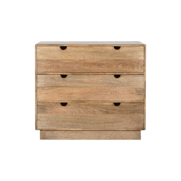 Cómoda de madera de mango natural con tres cajones y tiradores integrados, diseño minimalista y funcional.