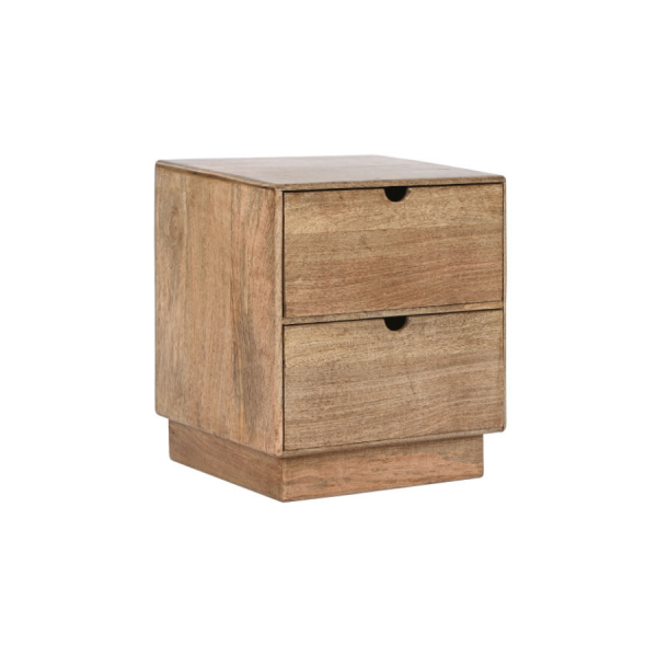 Mesita de noche de madera de mango natural con dos cajones y tiradores integrados, diseño minimalista y funcional.