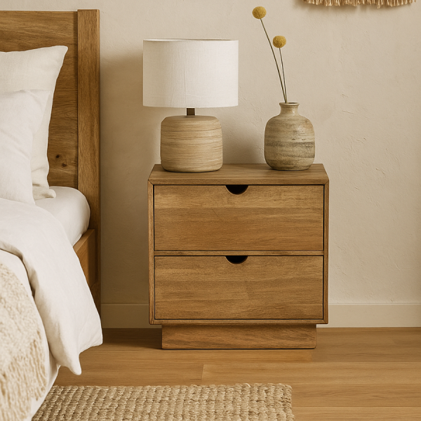 Mesita de noche de madera de mango natural con dos cajones y tiradores integrados, diseño minimalista y funcional.