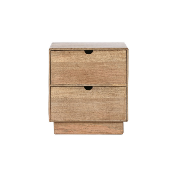 Mesita de noche de madera de mango natural con dos cajones y tiradores integrados, diseño minimalista y funcional.