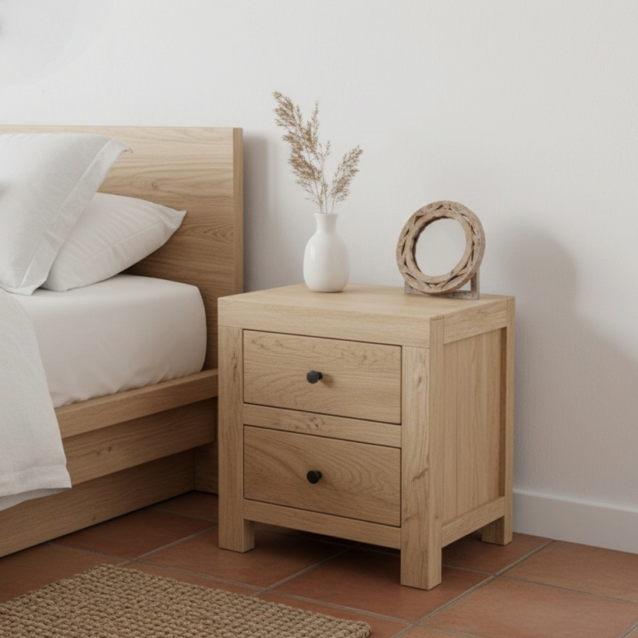 mesita de noche de la Colección Mindi de la tienda de sevilla La Casa de Carmen en un dormitorio