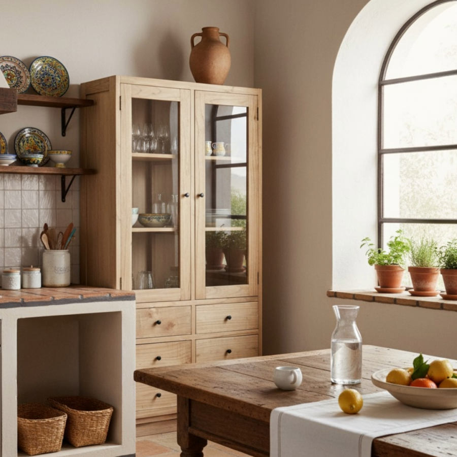 Vitrina de la Colección Mindi de la tienda de sevilla La Casa de Carmen en una cocina rústica