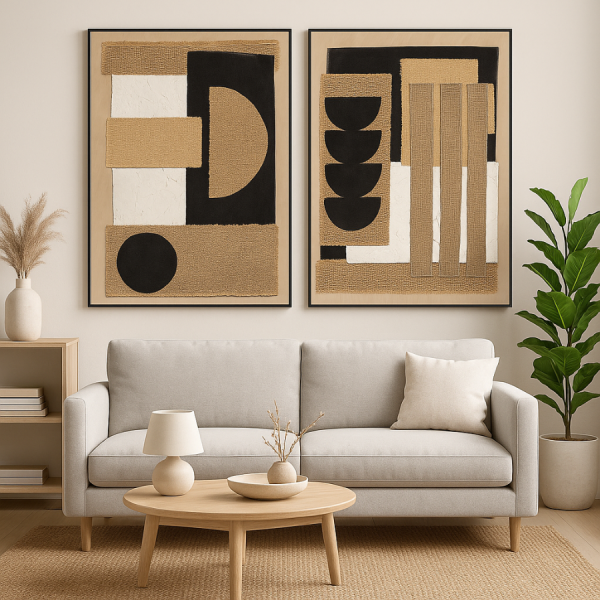 Set 2 Cuadros Modernos Lienzo PS 83x4,5x123 cm Aporta carácter y elegancia a tus paredes con este set de 2 cuadros modernos elaborados sobre lienzo con texturas naturales y diseño geométrico.