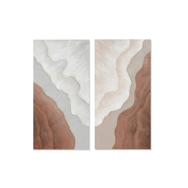 set de 2 cuadros abstractos destaca por su diseño en relieve ondulado con tonos tierra, beige y blanco, realzados con delicados toques dorados.
