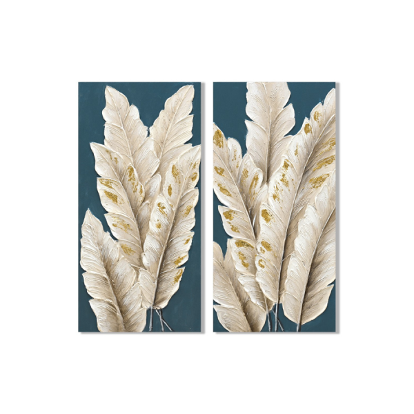 Set 2 Cuadros Hojas de Palmera en Relieve Aporta un toque natural y elegante a tu hogar con este set de cuadros decorativos con diseño de hojas de palmera.