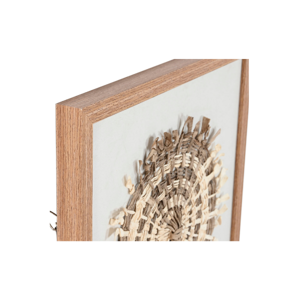 Cuadro Yute y Algodón 40x3x120 cm Círculos 3D Natural Aporta calidez y textura a tus paredes con este elegante cuadro decorativo elaborado en yute y algodón. Su diseño vertical combina tres círculos trenzados en relieve, creando un efecto 3D natural que destaca por su artesanía y simplicidad.