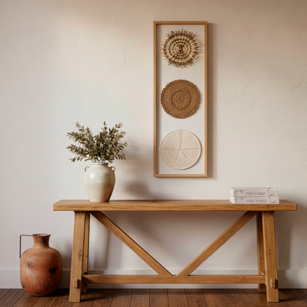 RECIBIDOR CON Cuadro Yute y Algodón 40x3x120 cm Círculos 3D Natural Aporta calidez y textura a tus paredes con este elegante cuadro decorativo elaborado en yute y algodón. Su diseño vertical combina tres círculos trenzados en relieve, creando un efecto 3D natural que destaca por su artesanía y simplicidad.