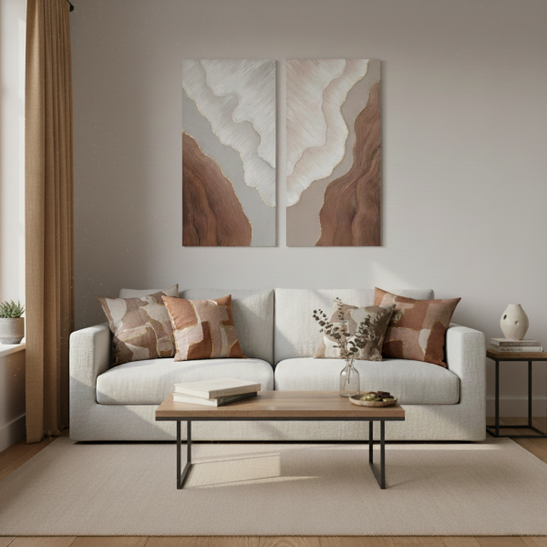 salón con sofá lino, mesas y set de 2 cuadros abstractos destaca por su diseño en relieve ondulado con tonos tierra, beige y blanco, realzados con delicados toques dorados.