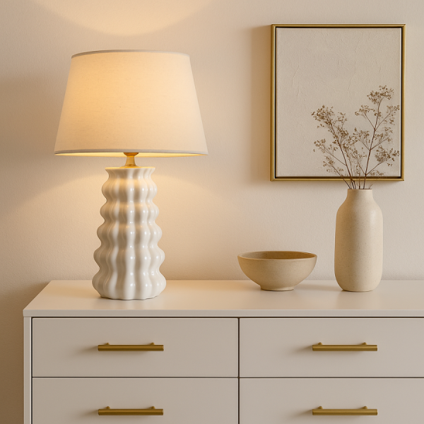 Lámpara de Sobremesa Porcelana y Algodón 40×40×65 cm Destaca por su base de porcelana blanca con un original diseño de ondas verticales,