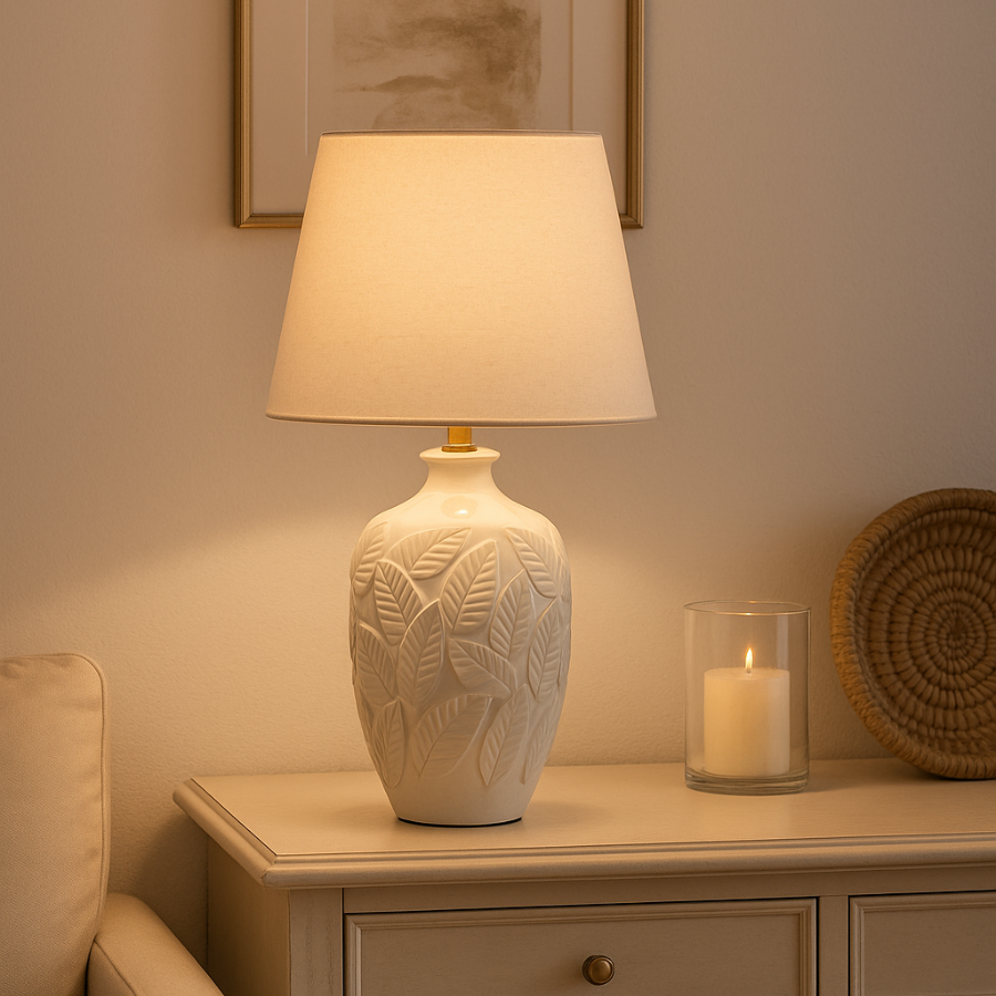 Lámpara de Porcelana y Algodón Hojas