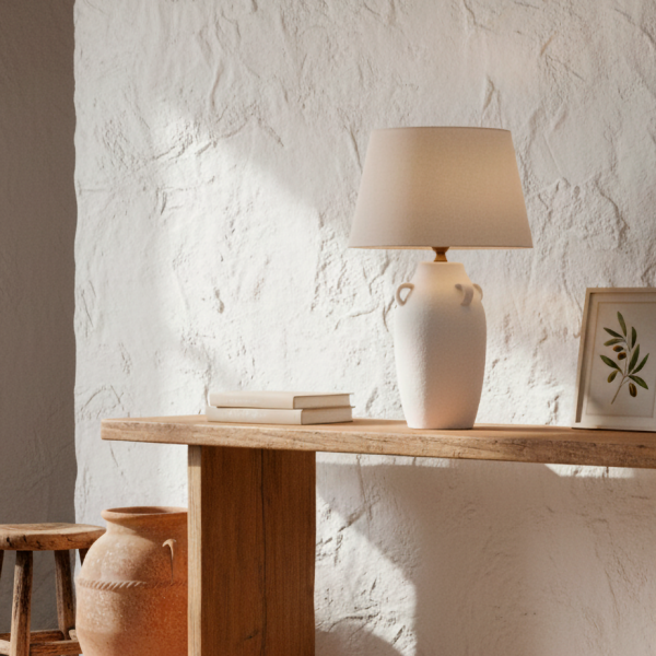 Lámpara de sobremesa porcelana y lino con asas – 40×40×64 cm Aporta un toque de elegancia natural a cualquier estancia con esta lámpara de sobremesa elaborada en porcelana blanca con delicado acabado texturizado.