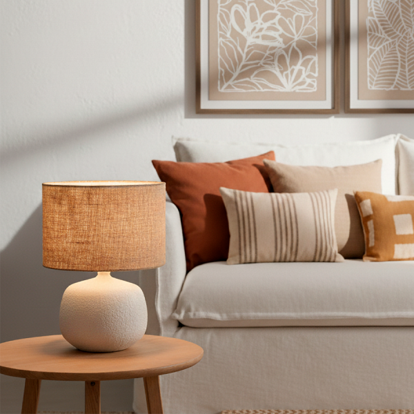 Lámpara de Sobremesa Gres y Yute 38x38x51 cm – Natural y Crema