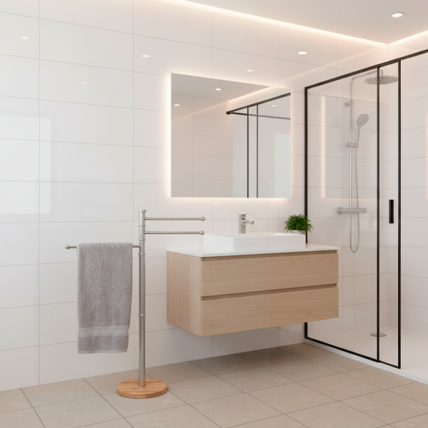 BAÑO CON Toallero de Pie Bambú e Inox 22x22x85,5 cm Plateado Aporta elegancia y funcionalidad a tu baño con este toallero de pie de bambú e inox. Su diseño combina la resistencia del acero inoxidable con la calidez natural del bambú, creando una pieza moderna, estable y decorativa. Dispone de tres brazos giratorios, ideales para colgar varias toallas sin ocupar espacio, manteniéndolas siempre secas y organizadas. Su base de bambú natural aporta un toque acogedor y sofisticado al ambiente.