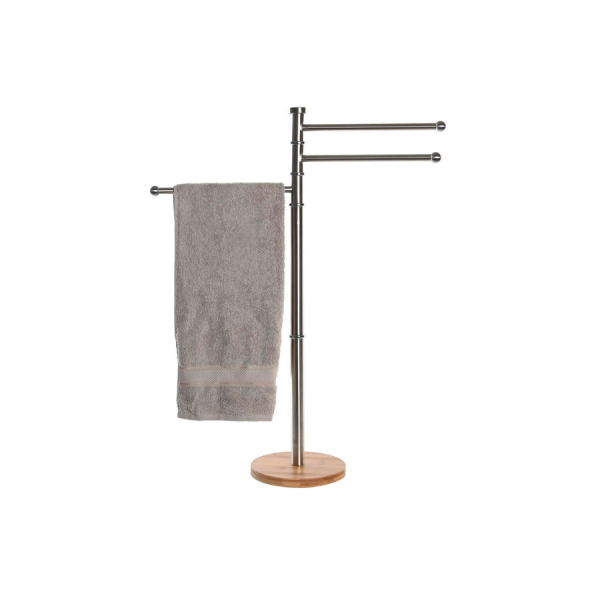 Toallero de Pie Bambú e Inox 22x22x85,5 cm Plateado Aporta elegancia y funcionalidad a tu baño con este toallero de pie de bambú e inox. Su diseño combina la resistencia del acero inoxidable con la calidez natural del bambú, creando una pieza moderna, estable y decorativa. Dispone de tres brazos giratorios, ideales para colgar varias toallas sin ocupar espacio, manteniéndolas siempre secas y organizadas. Su base de bambú natural aporta un toque acogedor y sofisticado al ambiente.