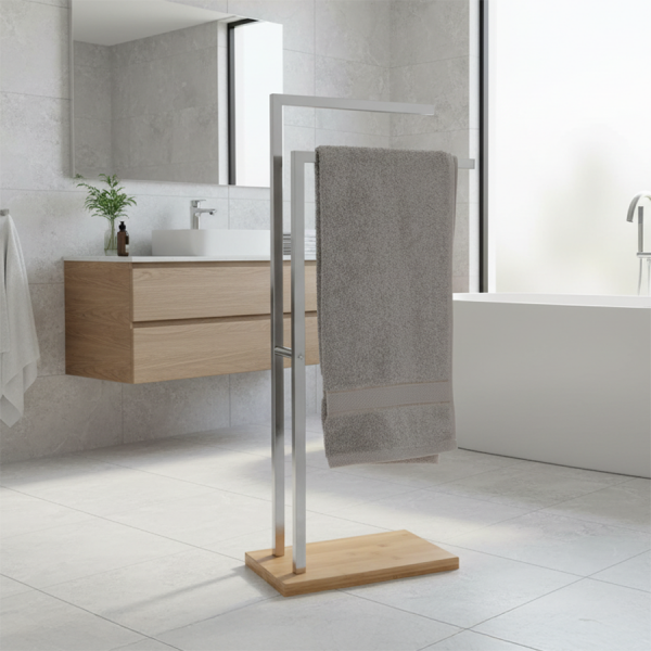 Toallero de Pie Bambú e Inox 34x20x79 cm Plateado Dale a tu baño un toque moderno y natural con este elegante toallero de pie de bambú e inox. Su diseño combina la resistencia y brillo del acero inoxidable con la base de bambú natural, creando una pieza funcional, estable y decorativa.