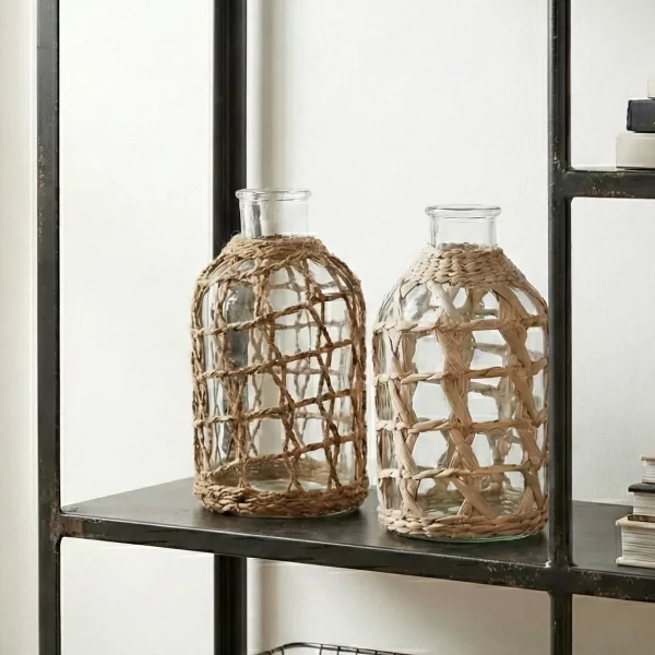 Jarrón de Cristal con Fibra Natural 1 L Medidas: 11 × 11 × 20 cm