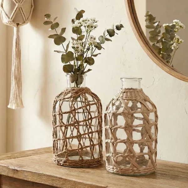 Jarrón de Cristal con Fibra Natural 1 L Medidas: 11 × 11 × 20 cm