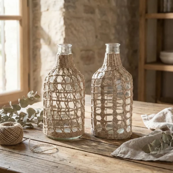 Jarrón de Cristal con Mimbre Tipo Botella Medidas: 15 × 15 × 33 cm