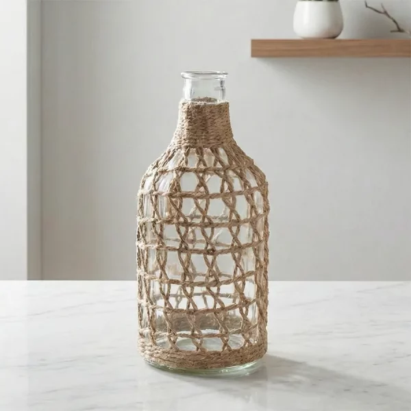 Jarrón de Cristal con Mimbre Tipo Botella Medidas: 15 × 15 × 33 cm