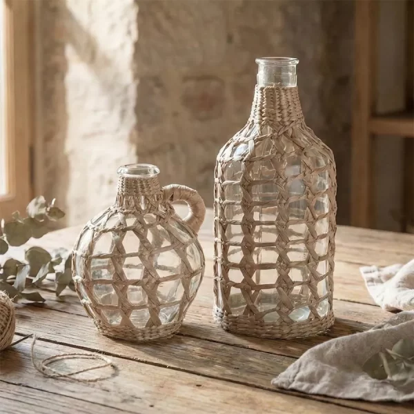 Jarrón de Cristal con Fibra Natural Tipo Botella