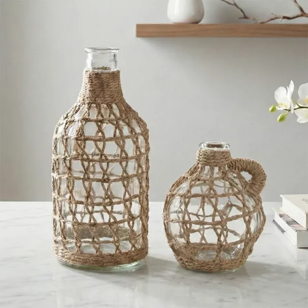 Jarrón de Cristal con Fibra Natural Tipo Botella Medidas: 13 × 13 × 17 cm
