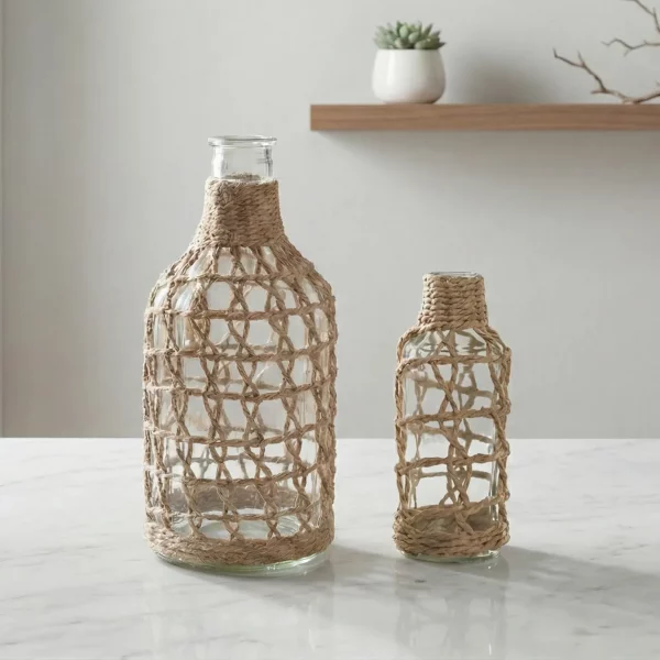Jarrón de Cristal con Fibra Natural