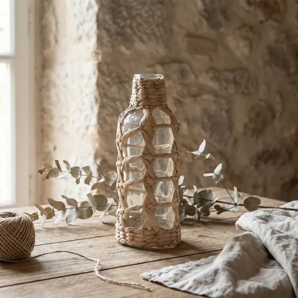 Jarrón de Cristal con Fibra Natural Medidas: 7 × 7 × 19 cm