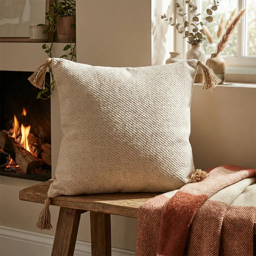Cojín Algodón + Yute Borlas 45 x 45