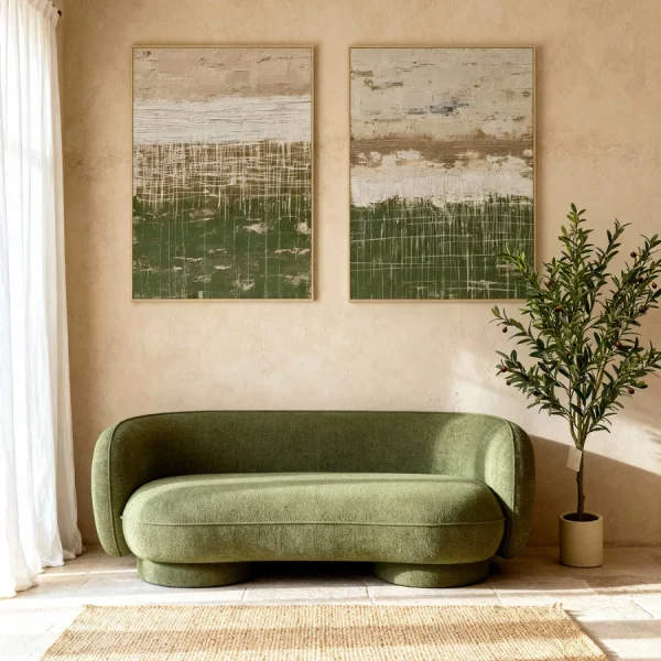 SET 2 CUADROS LIENZO PINO 103 x 4 x 143 CM ABSTRACTO Este elegante set de 2 cuadros abstractos en lienzo combina textura y color para crear una composición moderna y equilibrada. Su diseño artístico mezcla tonos neutros como beige y crema con contrastes en verde y trazos blancos, generando un efecto visual dinámico que aporta carácter y personalidad a cualquier espacio.