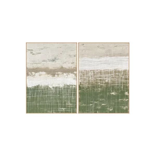 SET 2 CUADROS LIENZO PINO 103 x 4 x 143 CM ABSTRACTO Este elegante set de 2 cuadros abstractos en lienzo combina textura y color para crear una composición moderna y equilibrada. Su diseño artístico mezcla tonos neutros como beige y crema con contrastes en verde y trazos blancos, generando un efecto visual dinámico que aporta carácter y personalidad a cualquier espacio.
