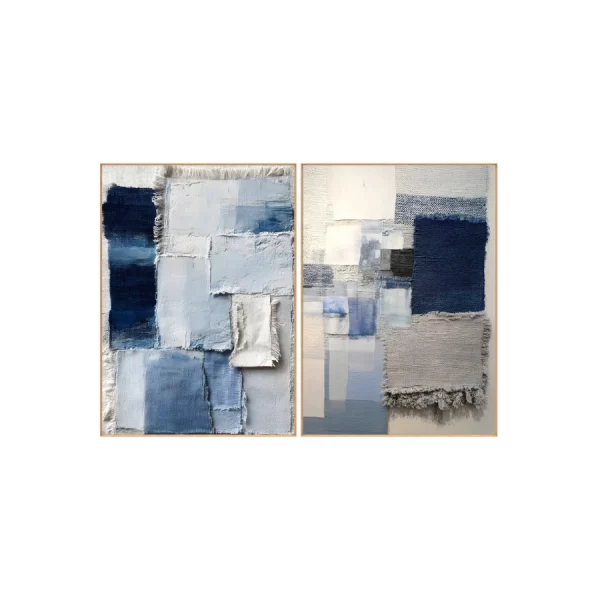 SET 2 CUADROS LIENZO PINO 103 x 4 x 143 CM ABSTRACTO Este elegante set de 2 cuadros abstractos en lienzo destaca por su original composición de texturas y superposición de materiales que aportan profundidad y carácter artístico.