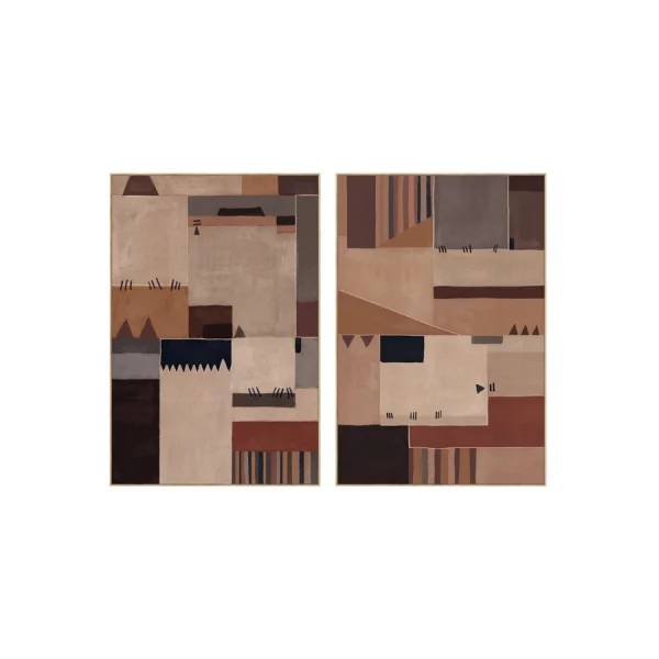 SET 2 CUADROS LIENZO PS 83 x 4,5 x 123 CM PATCHWORK Este elegante set de 2 cuadros decorativos destaca por su diseño artístico tipo patchwork, donde diferentes formas geométricas y bloques de color se combinan para crear una composición moderna y equilibrada. Sus tonos cálidos en beige, tierra, marrón y pequeños contrastes oscuros aportan profundidad y un estilo contemporáneo que encaja perfectamente en interiores actuales.