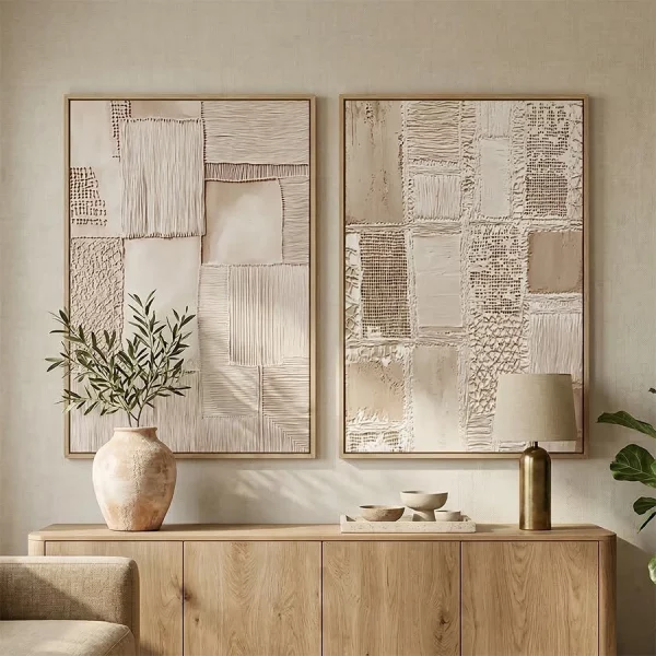 SET 2 CUADROS LIENZO PS 83 x 4,5 x 123 CM MODERNO Este elegante set de 2 cuadros decorativos en lienzo destaca por su diseño moderno basado en formas geométricas y relieves con diferentes texturas.