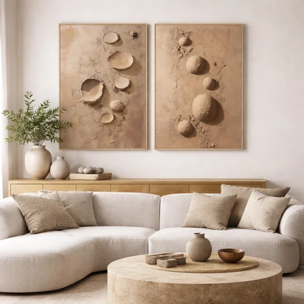 SET 2 CUADROS LIENZO PS 83 x 4,5 x 123 CM MARTE Este original set de 2 cuadros decorativos en lienzo presenta un diseño abstracto inspirado en las formas y relieves de superficies planetarias, evocando paisajes que recuerdan al terreno del planeta Marte. Sus texturas en relieve y composiciones tridimensionales aportan profundidad y un carácter artístico muy singular.