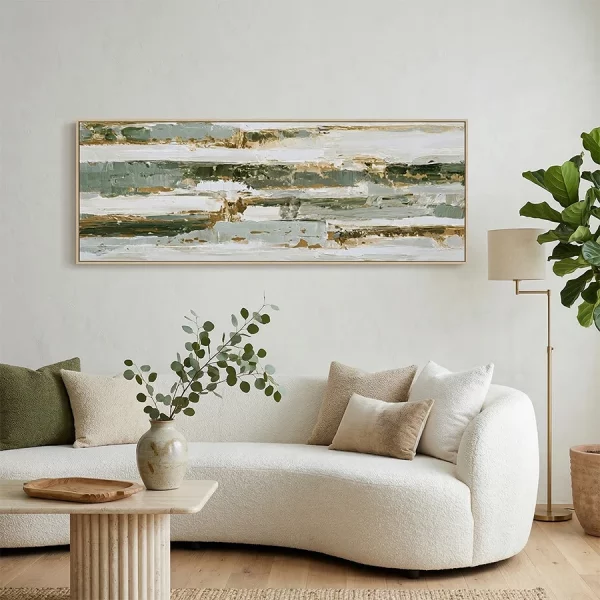 CUADRO LIENZO PS 153 x 4,3 x 53 CM ABSTRACTO Este elegante cuadro decorativo en lienzo presenta un diseño abstracto de estilo contemporáneo donde pinceladas horizontales y texturas superpuestas crean una composición artística llena de dinamismo. La mezcla de tonos suaves como blanco, beige y verde con sutiles matices dorados aporta profundidad y un equilibrio visual muy sofisticado.