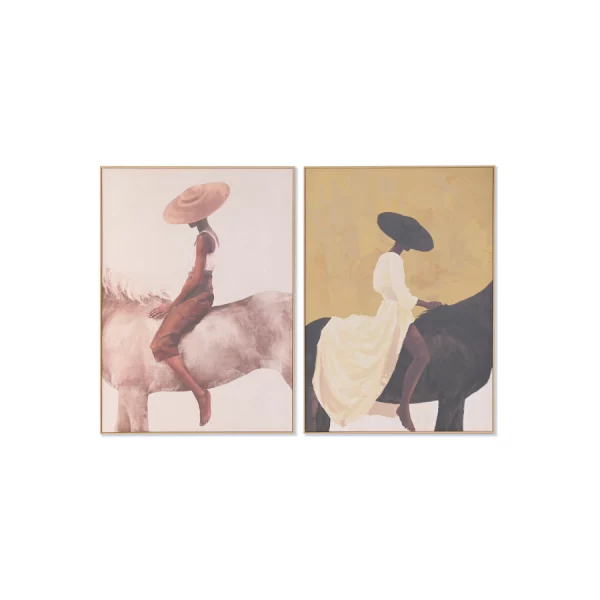 SET 2 CUADROS LIENZO PS 100 x 4 x 140 CM CHICA CABALLO Este elegante set de 2 cuadros decorativos en lienzo presenta una composición artística que combina figura humana y naturaleza, mostrando la silueta de una mujer sentada sobre un caballo en dos escenas complementarias.