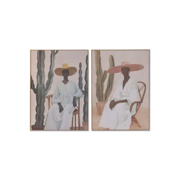 SET 2 CUADROS LIENZO PS 100 x 4 x 140 CM SOMBRERO CACTUS Este elegante set de 2 cuadros decorativos en lienzo presenta una composición artística de estilo contemporáneo donde la figura femenina se combina con elementos naturales como los cactus.