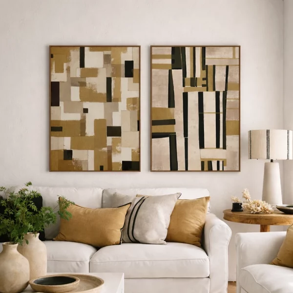 SET 2 CUADROS LIENZO PS 90 x 4 x 120 CM MODERNO RELIEVE Este elegante set de 2 cuadros decorativos en lienzo presenta un diseño abstracto de estilo contemporáneo que combina formas geométricas y líneas verticales con un sutil efecto de relieve.