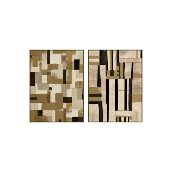 SET 2 CUADROS LIENZO PS 90 x 4 x 120 CM MODERNO RELIEVE Este elegante set de 2 cuadros decorativos en lienzo presenta un diseño abstracto de estilo contemporáneo que combina formas geométricas y líneas verticales con un sutil efecto de relieve.