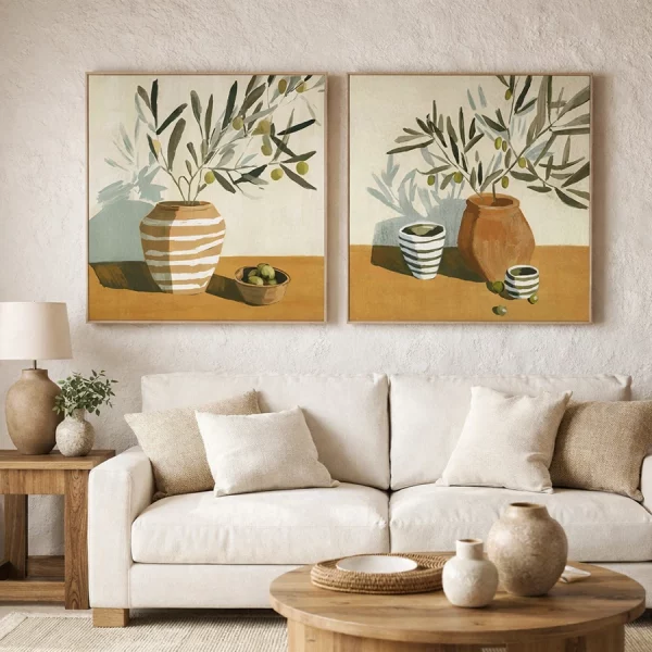 SET 2 CUADROS LIENZO PS 100 x 4 x 100 CM OLIVO JARRÓN Este elegante set de 2 cuadros decorativos en lienzo presenta una composición artística inspirada en la naturaleza mediterránea. Las ilustraciones muestran ramas de olivo colocadas en jarrones decorativos, creando una escena sencilla y armoniosa que transmite calma y naturalidad.