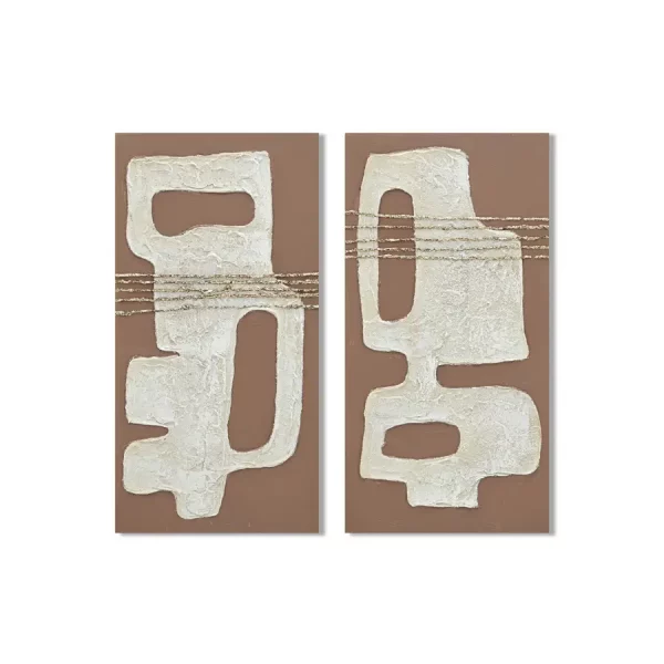 SET 2 CUADROS LIENZO MDF 30 x 2,5 x 60 CM MODERNO Este elegante set de 2 cuadros decorativos en lienzo presenta un diseño abstracto de estilo moderno donde las formas orgánicas y los relieves se combinan con líneas horizontales decorativas para crear una composición artística muy original. Su estética minimalista aporta equilibrio visual y un toque contemporáneo ideal para espacios actuales.