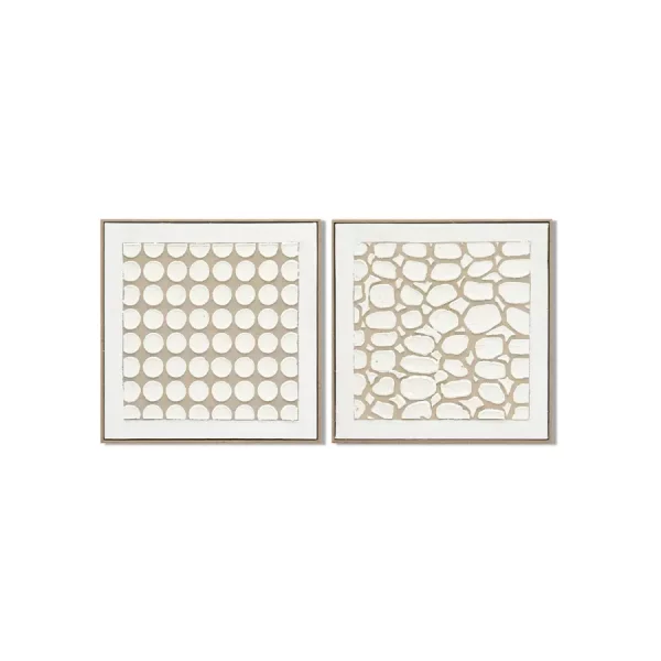 Este elegante set de 2 cuadros decorativos en lienzo destaca por su diseño moderno y minimalista basado en patrones geométricos en relieve. Cada pieza presenta una composición diferente de formas circulares y orgánicas que aportan textura y profundidad visual, creando un conjunto artístico equilibrado y contemporáneo.