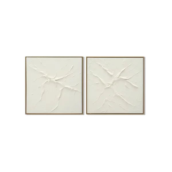 SET 2 CUADROS LIENZO MDF 62 x 4,5 x 62 CM ABSTRACTO Este elegante set de 2 cuadros decorativos en lienzo destaca por su diseño abstracto en relieve, donde las formas orgánicas y las texturas se expanden desde el centro creando una composición artística moderna y equilibrada. Su estética minimalista aporta profundidad visual y un efecto tridimensional muy atractivo.