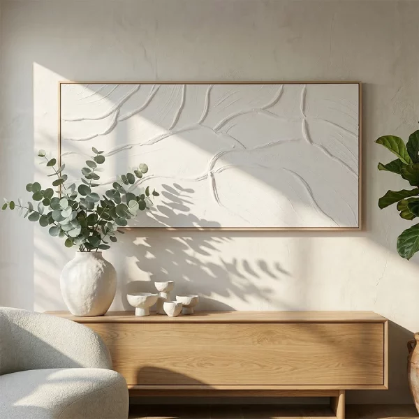 CUADRO LIENZO MDF 102 x 4,5 x 52 CM MODERNO Este elegante cuadro decorativo en lienzo destaca por su diseño abstracto y minimalista con delicados relieves que recorren la superficie creando formas orgánicas y fluidas.