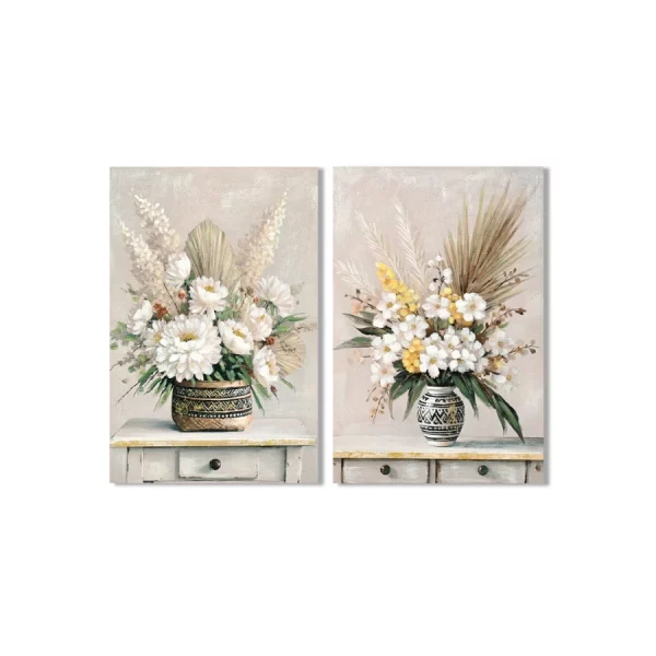 SET 2 CUADROS LIENZO MDF 60 x 3 x 90 CM JARRÓN Este elegante set de 2 cuadros decorativos en lienzo presenta una delicada composición floral donde ramos de flores se disponen en jarrones decorativos sobre una superficie de estilo clásico. Su estética artística combina detalles botánicos y tonos suaves que transmiten frescura, calidez y armonía.