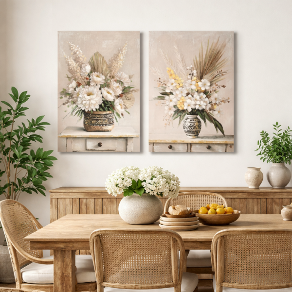 SET 2 CUADROS LIENZO MDF 60 x 3 x 90 CM JARRÓN Este elegante set de 2 cuadros decorativos en lienzo presenta una delicada composición floral donde ramos de flores se disponen en jarrones decorativos sobre una superficie de estilo clásico. Su estética artística combina detalles botánicos y tonos suaves que transmiten frescura, calidez y armonía.