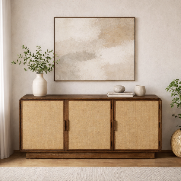 Este elegante aparador combina la calidez de la madera de mango con la textura natural del yute trenzado, creando una pieza decorativa que aporta autenticidad, frescura y estilo a cualquier estancia. Su diseño limpio y equilibrado encaja perfectamente en ambientes mediterráneos, naturales, boho o nórdicos.