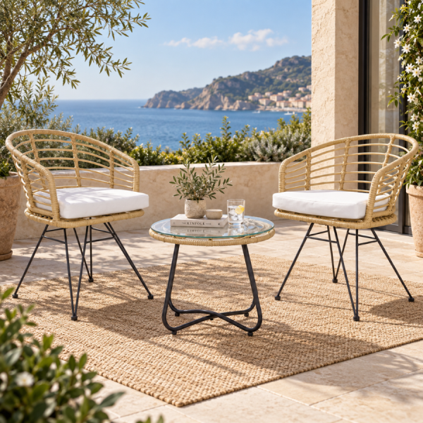 Set de jardín Menorca de 3 piezas en ratán sintético natural con 2 sillas y mesa auxiliar – La Casa de Carmen